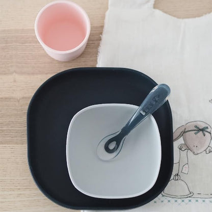 BEABA Silicone 4 Piece Baby Feeding Set, Suction Plates for Baby, Includes Plate, Bowl, Cup, 2nd Stage Silicone Spoon, High Grade Food Safe Silicone, Midnight