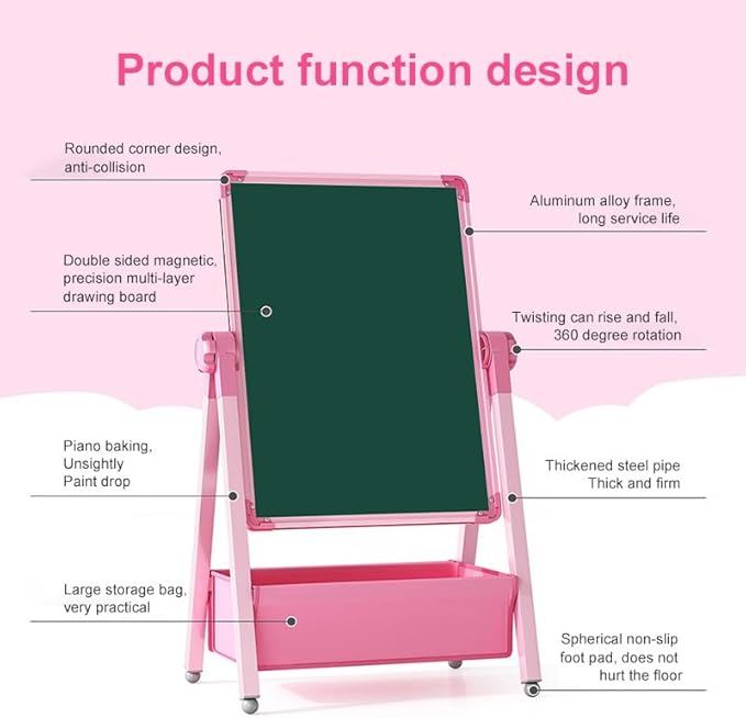 Harmoniousplay Kids Double Sided Easel Double Sided Magnetic Whiteboard and Chalkboard Adjustable Height Art Easel Ages 2 and Up (Pink)