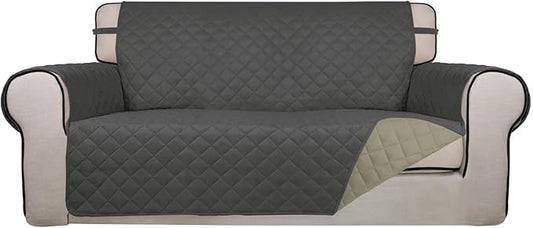 PureFit Reversible Quilted Sofa Cover, Water Resistant Slipcover Furniture Protector, Washable Couch Cover with Non Slip and Elastic Straps for Kids, Dogs, Pets (Oversized Loveseat, Dark Gray/Beige)