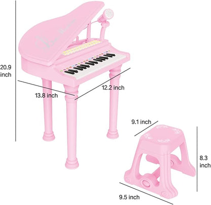 Losbenco Kids Piano Keyboard Toy, Toddler Electronic Musical Instrument Educational Toy with Microphone, Multiple Sounds, Record Playback, Lights & Stool, Birthday Gift for 3 4 5 6 7 Years Old Girls