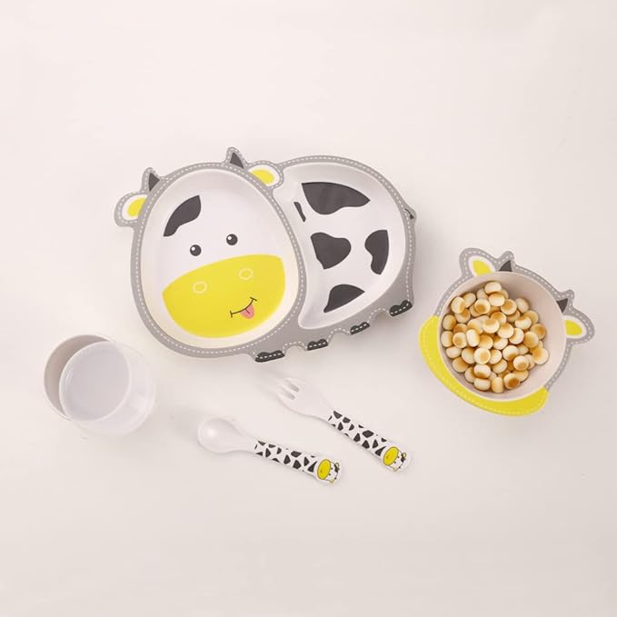 Kids Dinnerware Set Bamboo 5 Pcs with Plate Bowl Cup Fork Spoon (Cow)