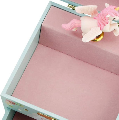 RR ROUND RICH DESIGN Kids Musical Jewelry Box for Girls with Drawer and Jewelry Set with Magical Unicorn - Blue Danube Tune Blue