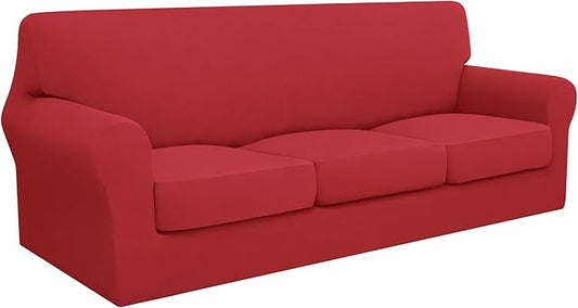 Easy-Going 100% Dual Waterproof Oversized Cover Stretch Soft Couch Cover for Dogs, Sofa Slipcover for 3 Separate Cushion Couch Leakproof Furniture Protector for Kids Christmas Red