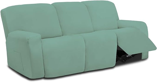 Easy-Going 8 Pieces Microfiber Stretch Sectional Recliner Sofa Slipcover Soft Fitted Fleece 3 Seats Couch Cover Washable Furniture Protector with Elasticity for Kids Pet(Recliner Sofa, Cyan)