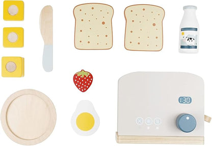 PairPear Pop up Toaster Play Kitchen Playset - Wooden Toy Food 11 Accessories for Kids