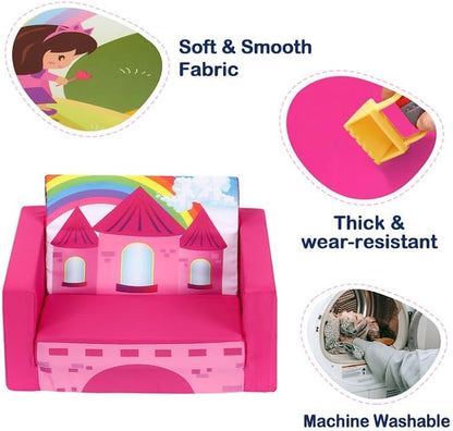 MallBest Kids Sofas Children's Sofa Bed Baby's Upholstered Couch Sleepover Chair Flipout Open Recliner(Rose red/Castle)