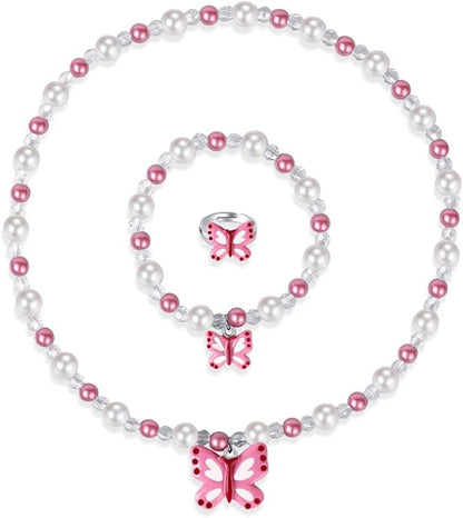 Butterfly Stretch Necklace Little Girl Toddler Necklace Bracelet Set, Little Princess Jewelry Kids Play Necklaces Butterfly Rings for Kids (B)