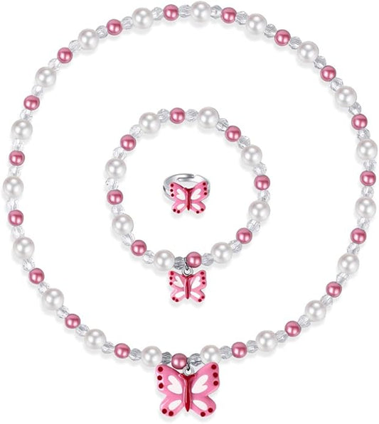 Butterfly Stretch Necklace Little Girl Toddler Necklace Bracelet Set, Little Princess Jewelry Kids Play Necklaces Butterfly Rings for Kids (B)
