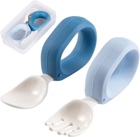 Baby Self Feeding Training Spoon and Fork Set with Travel Case, BPA-Free Cute Circle Toddler Training Utensils, Silicone/ABS Great Tableware Set Spoons Fork for Kids(Blue & Light blue)