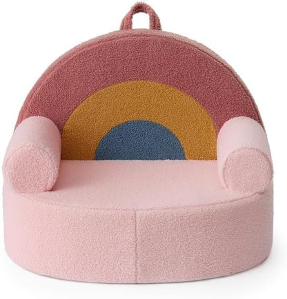 Blissful Diary Toddler Chair Comfy, Foam Kids Chair with Soft Teddy Plush, Toddler Reading Armchair with Cute Rainbow Designs- Blush Pink