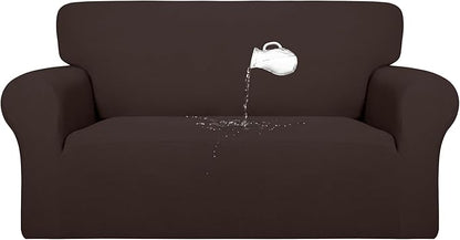 PureFit 100% Dual Waterproof Couch Cover Slipcovers for Couches and Sofas - Stretch Non Slip Fleece Sofa Covers Washable, Leakproof Furniture Protector for Kids, Pets, Dog (Loveseat, Chocolate)