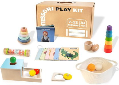 Montessori Toys for Babies 6-12 Months, 9 in 1 Educational Wooden Toys Set, Includes Object Permanent Box, Stacking Cups, Mirror Puzzle, Ring Stacker and More