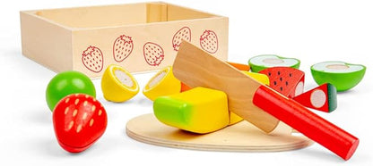 Bigjigs Toys Cutting Fruits Crate - 7 Piece Fruit with Velcro Fastenings, 1 Wooden Knife, 1 Chopping Board, Children’s Kitchen Accessories for Role Play, Baby & Toddler Gifts, 18 Months +