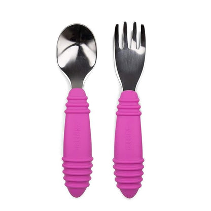 Bumkins Toddler Utensils, Kids Size Fork and Spoon Set, Silicone and Stainless-Steel Training Silverware, Angled Forks / Sporks for Self-Feeding, Children Hold Learning to Eat, 18 Months Up, Fuchsia