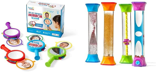 hand2mind See My Feelings Mirror (Set of 4) and Sensory Fidget Tubes (Set of 4) | Calming and Anxiety Relief Toys for Kids