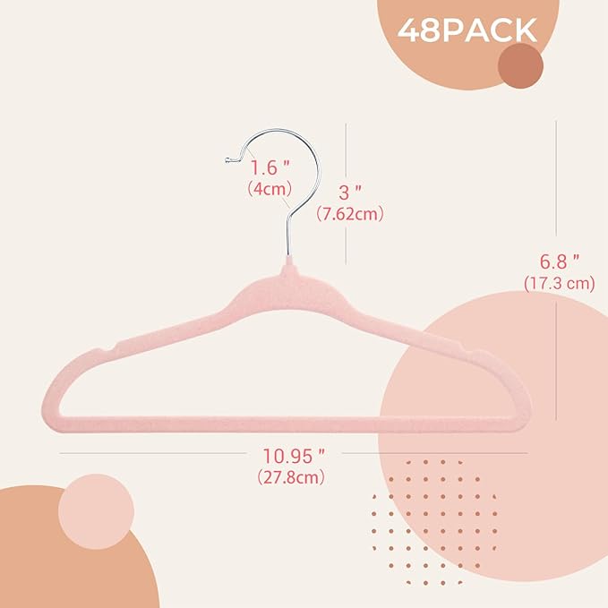 ManGotree 10.95" Baby Velvet Hangers, Non-Slip Infant Coat Hangers, Ultra-Thin Toddler Felt Hangers with 360° Swivel Hook, Space Saving Children's Hangers for Kids Clothes, 48 Pack (Pink)
