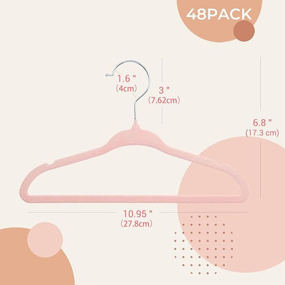 ManGotree 10.95" Baby Velvet Hangers, Non-Slip Infant Coat Hangers, Ultra-Thin Toddler Felt Hangers with 360° Swivel Hook, Space Saving Children's Hangers for Kids Clothes, 48 Pack (Pink)