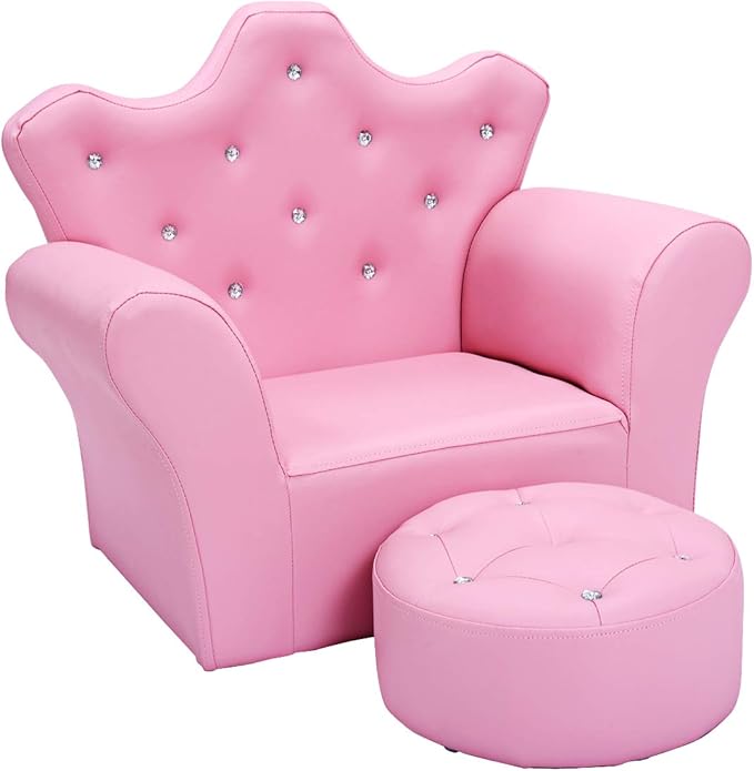 Costzon Kids Sofa, Children Upholstered Sofa with Ottoman, Princess Sofa with Diamond Decoration, Smooth PVC Leather Toddler Chair, Kids Couch for Boys and Girls, Gift for Toddlers (Pink)