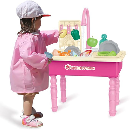 Play Kitchen Sink Toys with Running Water, Toddler Electric Dishwasher Playing Toy with Cutting Foods, 33 PCS Pretend Role Play Accessories Set, Learning Gift for Girls Boys (Pink)