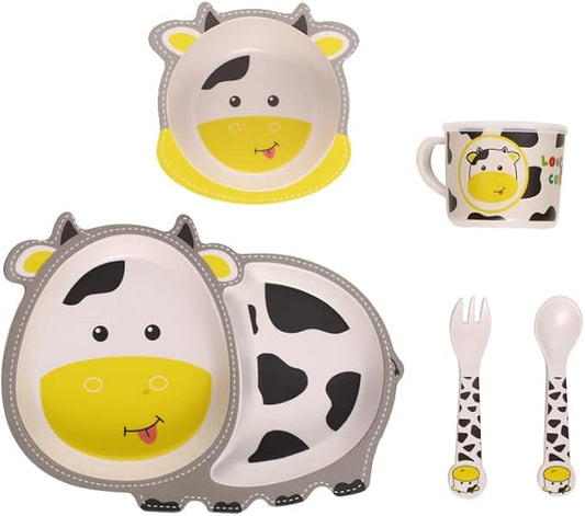 Kids Dinnerware Set Bamboo 5 Pcs with Plate Bowl Cup Fork Spoon (Cow)