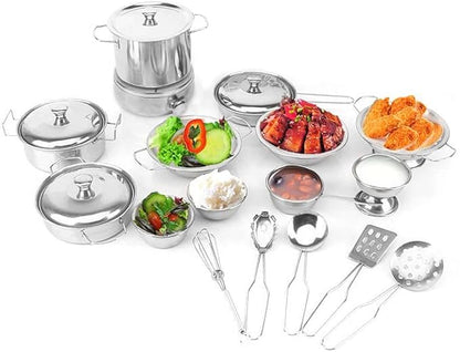 Kids Kitchen Pretend Play Toys, Cooking Toys Play Pots and Pans Set for Kids, 21pcs Small Stainless Steel Kitchen Cookware Kits Toys, Cookware Playset for Girls, Boys
