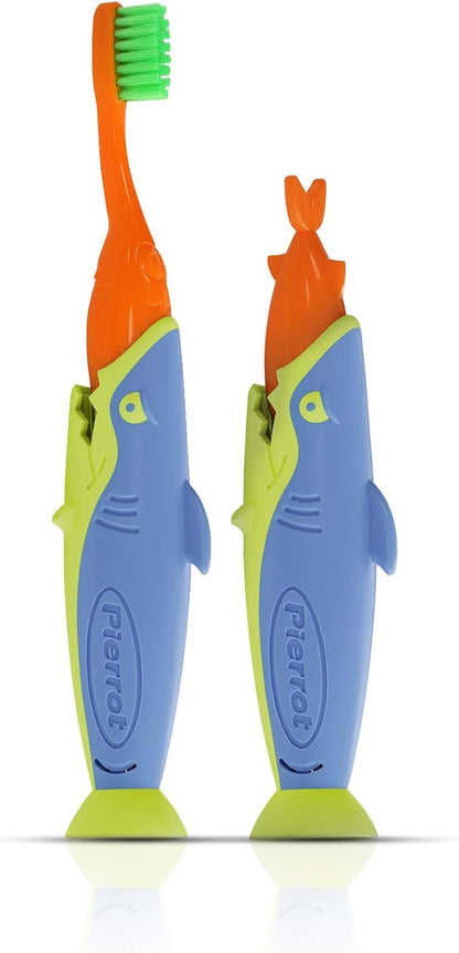 Pierrot Sharky Kids Toothbrush – Soft Bristles for Toddlers and Kids, Shark Handle with Suction Base and Cap, Easy-Grip Child-Friendly Toothbrush for Ages 2-8, Gentle Brushing, Pack of 2