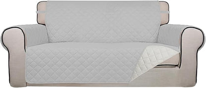 PureFit Reversible Quilted Sofa Cover, Water Resistant Slipcover Furniture Protector, Washable Couch Cover with Non Slip and Elastic Straps for Kids, Dogs, Pets (Oversized Loveseat, Light Gray/Ivory)
