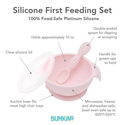 Bumkins Baby Bowl, Silicone Baby Feeding Set with Suction for Baby and Toddler, Includes Spoon and Lid, First Feeding Set, Essential for Baby Led Weaning for Babies 4 Months, Pink