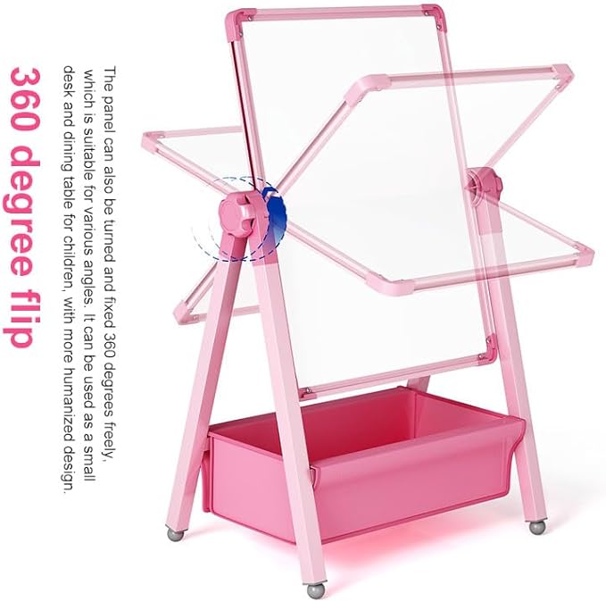 Harmoniousplay Kids Double Sided Easel Double Sided Magnetic Whiteboard and Chalkboard Adjustable Height Art Easel Ages 2 and Up (Pink)