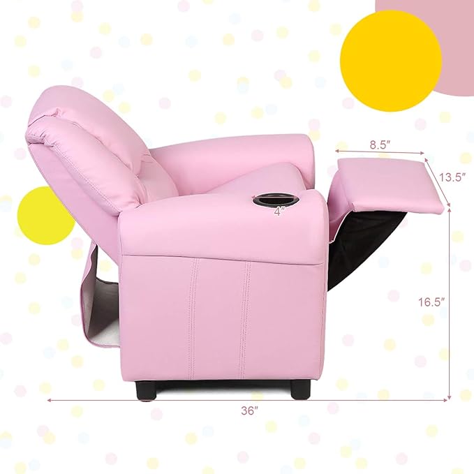 Costzon Kids Recliner Chair with Cup Holder, Toddler Room Furniture Children Armrest Sofa w/Headrest & Footrest for Girls Boys Baby Bedroom, PU Leather Couch (Pink)