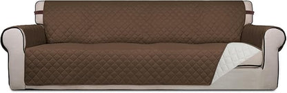 PureFit Reversible Quilted Sofa Cover, Water Resistant Slipcover Furniture Protector, Washable Couch Cover with Non Slip and Elastic Straps for Kids, Dogs, Pets (4 Seater Sofa, Coffee/Ivory)