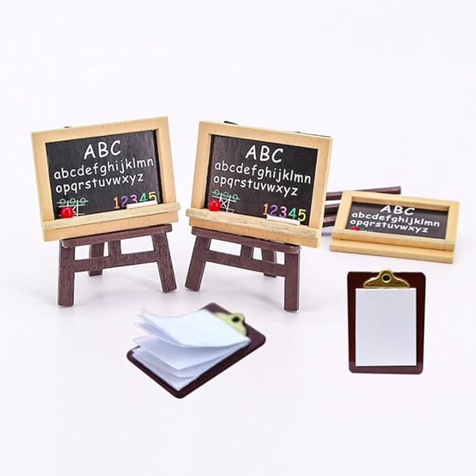 LOGOFUN Dollhouse School Supplies Set Miniature Blackboards Wooden Easel Painting Board Mini House Accessory