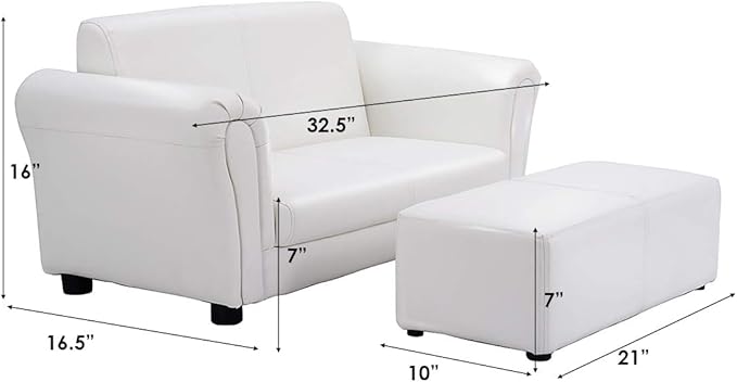 Costzon Kids Couch with Footstool, 2 in 1 Double Seat Children's Sofa w/PU Leather Surface, Armrest Chair Lounge, Soft Kids Sofa for Preschool Bedroom Kids Room Toddlers Boys Girls Birthday (White)