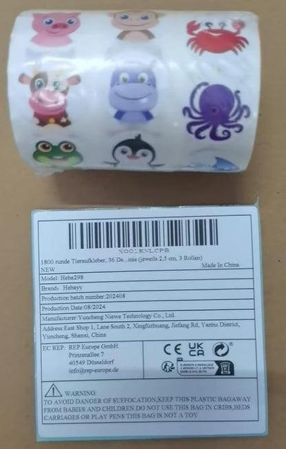 1800 PCS Round Animal Stickers, 36 Designs Wild/Farm/Marine Animal Cartoon Teacher Reward Stickers for Kids, Party Decoration Sticker for School Classroom Home with Perforation Line(1” Each, 3 Rolls)