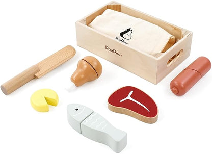 PairPear Wooden Play Food Cutting Meat Set - Wooden Toys for Toddlers Toy Food Play Kitchen Accessories