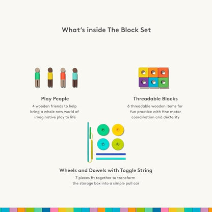 LOVEVERY | The Block Set | Solid Wood Building Blocks and Shapes + Wooden Storage Box, 70 Pieces, 18 Colors, 20+ Activities, Toddler Block Set and Converts into a Pull Car, Ages 12 to 48+ months