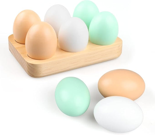 WHOHOLL Colorful Wooden Eggs, 6 Pcs Play Food Eggs with Holder, Durable Fake Food Decor for Pretend Play, Toy Eggs for Crafts DIY Christmas Decoration Basket Stuffers