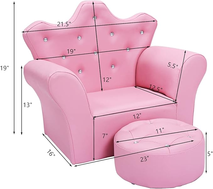 Costzon Kids Sofa, Children Upholstered Sofa with Ottoman, Princess Sofa with Diamond Decoration, Smooth PVC Leather Toddler Chair, Kids Couch for Boys and Girls, Gift for Toddlers (Pink)