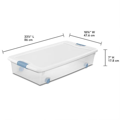 Sterilite 4-Pack 56 Quart Wheeled Latching Box, Underbed Clear Plastic Storage Organizer - Under Bed Rolling Container Bin with Lid and Wheels for Home or Dorm Bedrooms and Closets