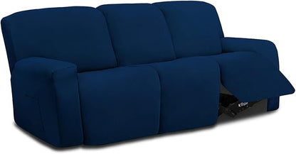 Easy-Going 8 Pieces Microfiber Stretch Sectional Recliner Sofa Slipcover Soft Fitted Fleece 3 Seats Couch Cover Washable Furniture Protector with Elasticity for Kids Pet(Recliner Sofa, Navy)