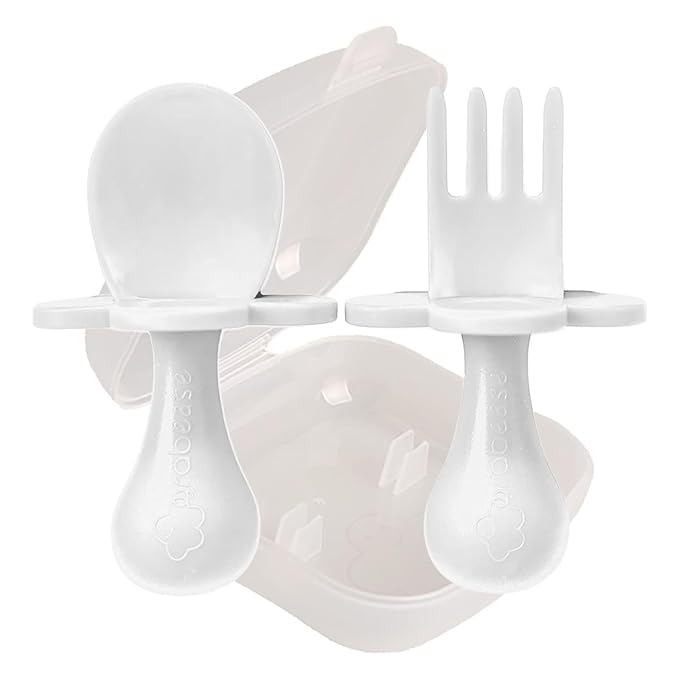 Grabease Toddler Utensils Toddler Spoons and Forks Baby Silverware Baby Self Feeding Utensils, BPA-Free & Phthalate-Free for Baby & Toddler, 1 Set, Plastic, White