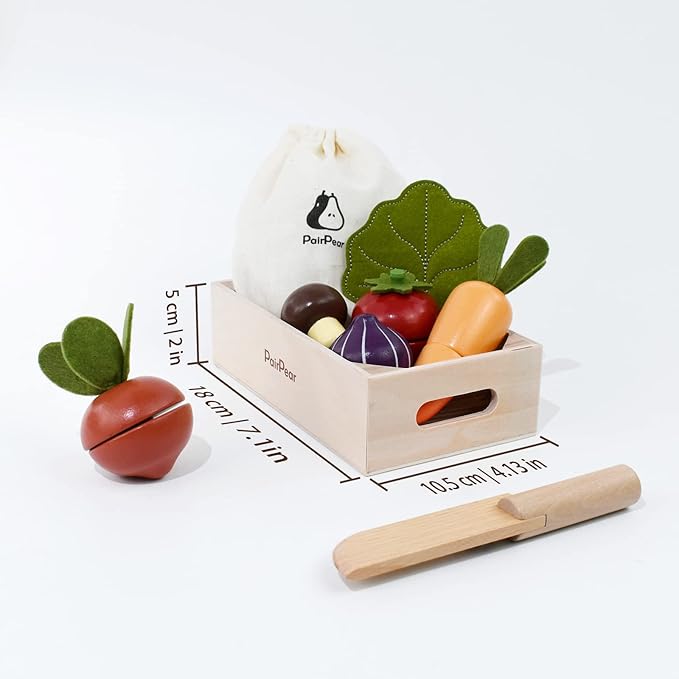 PairPear Wooden Play Food Cutting Vegetables Set - Wooden Toys for Toddlers Toy Food Play Kitchen Accessories