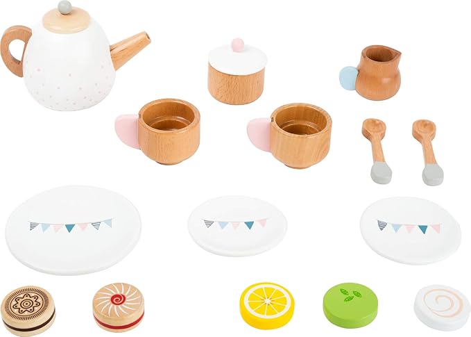 Small Foot Wooden Toys-Premium 17 Piece Toy Tea Playset- Deluxe Play Pretend Food Set Includes Tea Pot, Cookies, Plates and Teacup-Ideal for Toddlers 3+