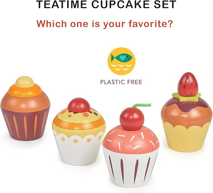 Mentari Toys - Teatime Cupcake Set - 4pc Wooden Cupcake Play Food Set - Pretend Play Kitchen and Market Food Accessories - Encourages Role Play and Develops Social Skills - Gift for Toddlers - Age 3+