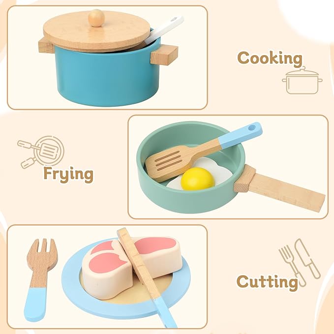 Wooden Play Kitchen Accessories for Toddlers, Kids Pretend Play Pots and Pans Food Dishes Utensils Cooking Toy Set, 20 Pieces Montessori Kitchen Tools Gifts for Boys Girls Ages 3 4 5 6 Years Old
