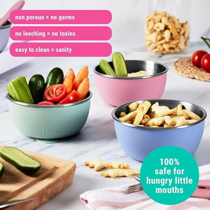 Elk and Friends Stainless Steel Bowls with Silicone Sleeve for Babies & Toddlers | Lids Included | Stay Put Suction | Cereal & Snack Bowls | 4 Pack