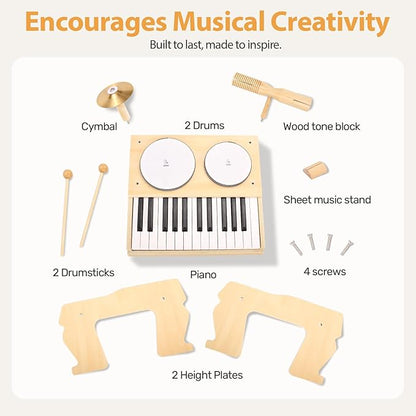 OATHX Kids Piano Keyboard, 25 Keys Digital with Drum Set and Volume Adjustable, 6 in 1 Musical Instruments for Kids Toddlers Baby Children, Wooden Mini Piano Gifts for Girls Boys Ages 3+