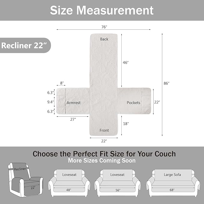 Quilted Recliner Chair Covers, Water-Repellent Recliner Slipcovers, White Recliner Covers Stay in Place, Pet Friendly Recliner Cover for Dogs, Washable Chair Protector (Recliner 22", White)