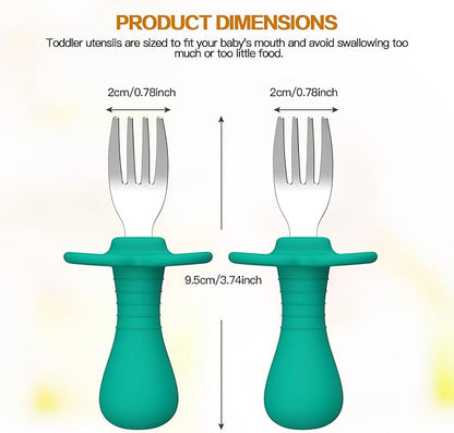 Baby Forks Toddler Forks for Self Feeding, Kids Forks with Silicone Round Handle, Stainless Steel Toddler Utensils Children Safe Silverware Set, Anti-Choke Design, BPA Free - Pink