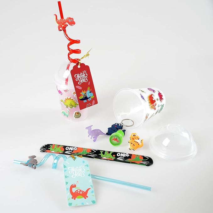 MOVINPE Dinosaur Party Favors Personalize Goody Cups with Gift Tags, Filled with Dinosaur Themed Reusable Straws Stampers Luminous Dinos Figure Slap Bracelets Keychains Rings 3D Stickers for Kids